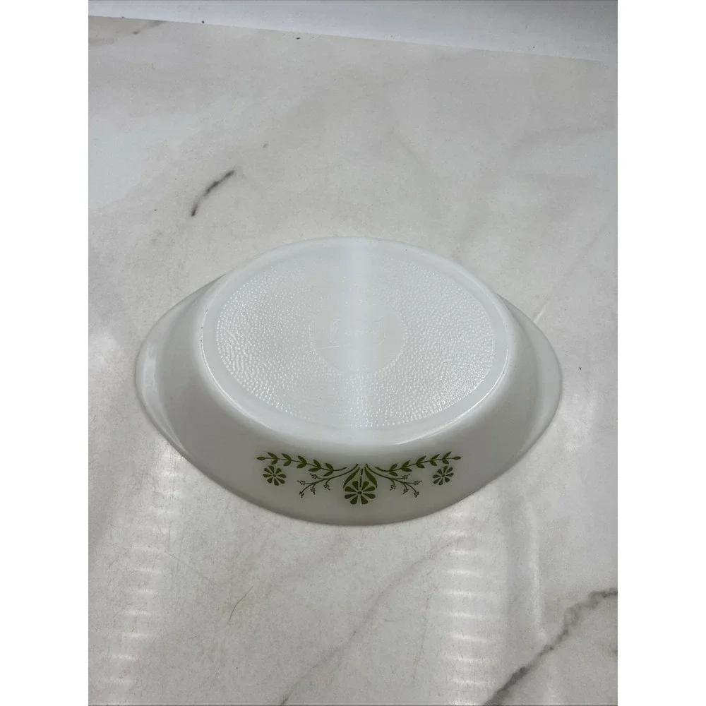 Vintage Glasbake Casserole Dish Milk Glass Divided Green Daisy Pattern J2352